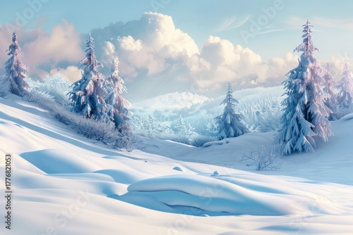 Wallpaper Mural Frosted trees and snow-draped hills under soft morning light create serene winter landscape, symbolizing tranquility and purity. Neural network AI generated. Torontodigital.ca