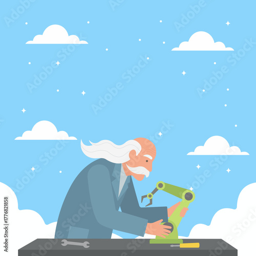 Elderly Inventor Crafting Robotic Arm in Cloudy Sky, Innovation in robotics, Elderly man assembling technology, Futuristic invention process, Cloud-filled dreamy background, Flat vector art style