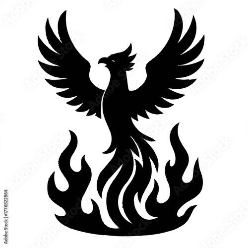 Powerful phoenix rising from flames, embodying rebirth and transformation, an iconic symbol of resilience, strength, and overcoming challenges in dark times.
