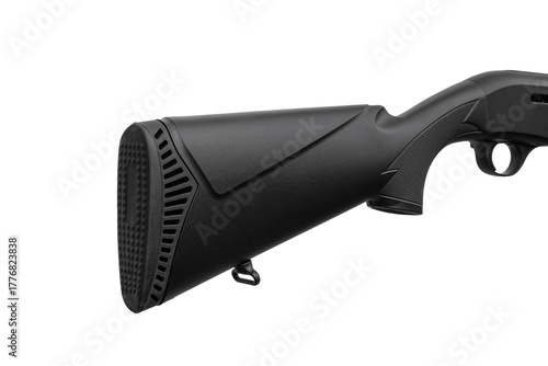 Foto Close-up of a black synthetic firearm stock and textured recoil pad isolated on
