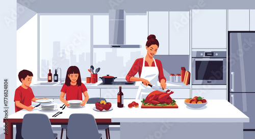 Flat vector of mother cooking Thanksgiving meal together in kitchen with her children, teamwork and love theme in cozy autumn setting