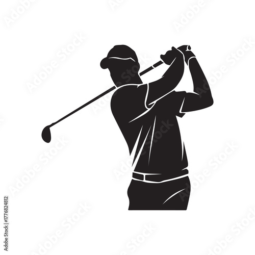 Golfer Swing Silhouette Icon – Man Playing Golf with Club in Action Pose Isolated on White Background