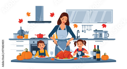 Flat vector of mother cooking Thanksgiving meal together in kitchen with her children, teamwork and love theme in cozy autumn setting