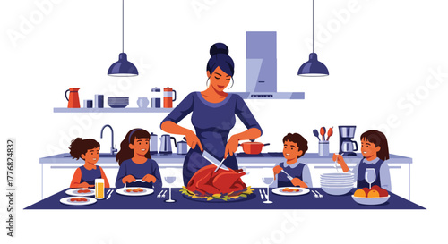 Flat vector of mother cooking Thanksgiving meal together in kitchen with her children, teamwork and love theme in cozy autumn setting