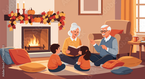 Flat vector of grandparents telling stories to children near fireplace decorated with pumpkins and autumn garland, warmth and family connection