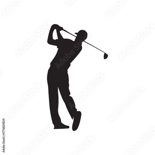 Golfer Swing Silhouette Icon – Man Playing Golf with Club in Action Pose Isolated on White Background
