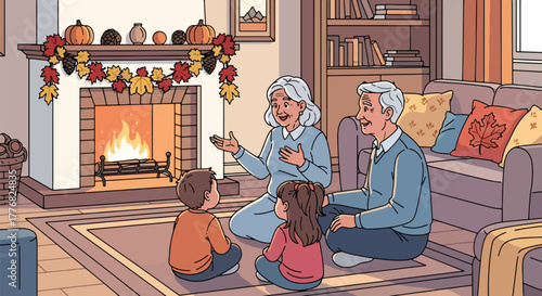Flat vector of grandparents telling stories to children near fireplace decorated with pumpkins and autumn garland, warmth and family connection