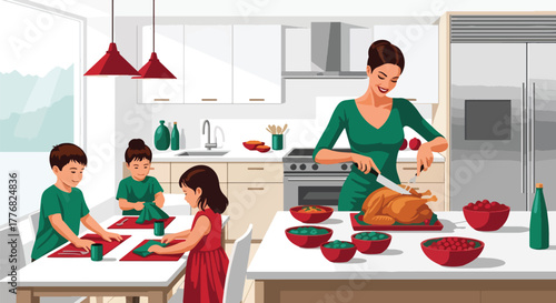 Flat vector of mother cooking Thanksgiving meal together in kitchen with her children, teamwork and love theme in cozy autumn setting