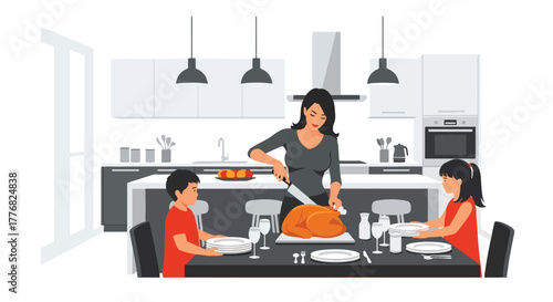Flat vector of mother cooking Thanksgiving meal together in kitchen with her children, teamwork and love theme in cozy autumn setting
