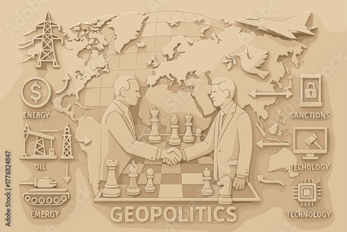Global Geopolitics Concept – World Leaders, Chess Strategy, and Power Balance Illustration