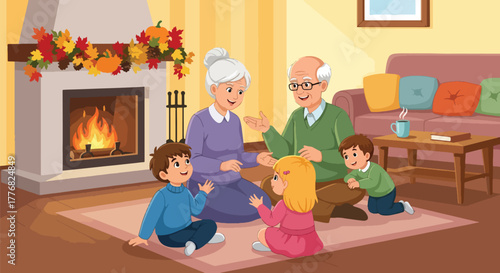 Flat vector of grandparents telling stories to children near fireplace decorated with pumpkins and autumn garland, warmth and family connection