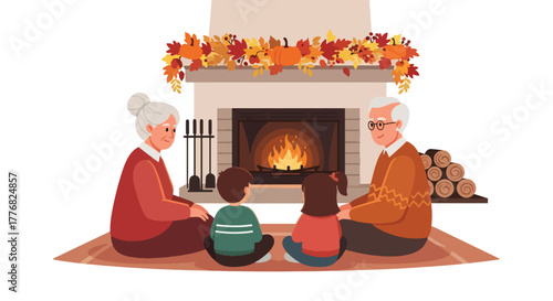 Flat vector of grandparents telling stories to children near fireplace decorated with pumpkins and autumn garland, warmth and family connection
