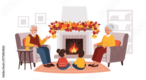 Flat vector of grandparents telling stories to children near fireplace decorated with pumpkins and autumn garland, warmth and family connection