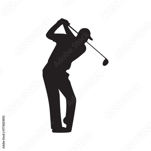 Golfer Swing Silhouette Icon – Man Playing Golf with Club in Action Pose Isolated on White Background