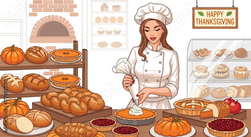 Flat vector of a baker filled with pies — pumpkin, pecan, apple — symbolizing Thanksgiving dessert tradition
