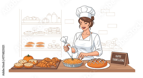 Flat vector of a baker filled with pies — pumpkin, pecan, apple — symbolizing Thanksgiving dessert tradition
