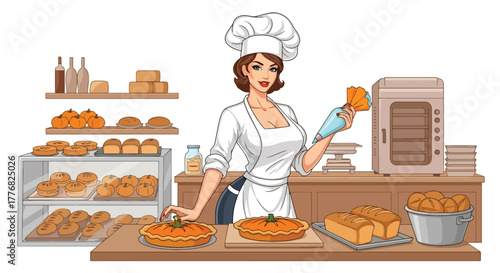 Flat vector of a baker filled with pies — pumpkin, pecan, apple — symbolizing Thanksgiving dessert tradition