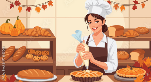 Flat vector of a baker filled with pies — pumpkin, pecan, apple — symbolizing Thanksgiving dessert tradition