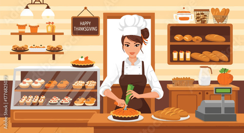 Flat vector of a baker filled with pies — pumpkin, pecan, apple — symbolizing Thanksgiving dessert tradition