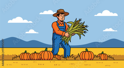 Flat vector of farmer harvesting pumpkins and corn in golden autumn field, Thanksgiving harvest gratitude theme, solid vivid tones