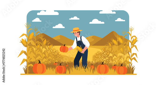 Flat vector of farmer harvesting pumpkins and corn in golden autumn field, Thanksgiving harvest gratitude theme, solid vivid tones