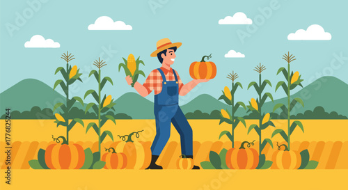 Flat vector of farmer harvesting pumpkins and corn in golden autumn field, Thanksgiving harvest gratitude theme, solid vivid tones