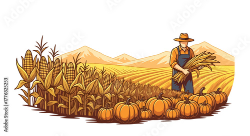 Flat vector of farmer harvesting pumpkins and corn in golden autumn field, Thanksgiving harvest gratitude theme, solid vivid tones