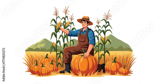 Flat vector of farmer harvesting pumpkins and corn in golden autumn field, Thanksgiving harvest gratitude theme, solid vivid tones
