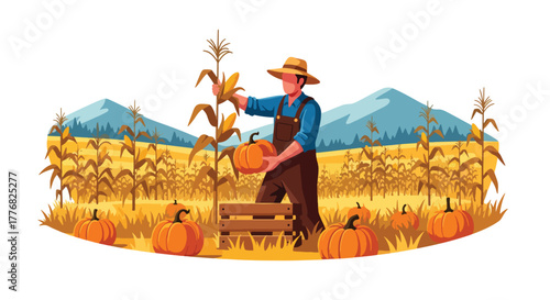 Flat vector of farmer harvesting pumpkins and corn in golden autumn field, Thanksgiving harvest gratitude theme, solid vivid tones