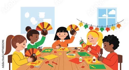 Flat vector of children crafting paper turkeys and leaf garlands in classroom for Thanksgiving project, education and fun theme
