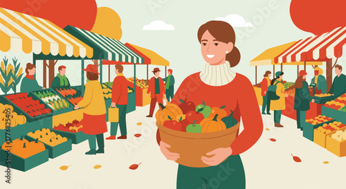Flat vector of woman buying pumpkins and apples at farmers market for Thanksgiving, seasonal harvest and gratitude theme