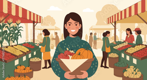 Flat vector of woman buying pumpkins and apples at farmers market for Thanksgiving, seasonal harvest and gratitude theme