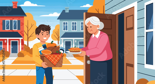 Flat vector of a kid delivering food boxes to elderly neighbors for Thanksgiving, kindness and care theme