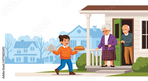 Flat vector of a kid delivering food boxes to elderly neighbors for Thanksgiving, kindness and care theme