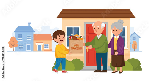 Flat vector of a kid delivering food boxes to elderly neighbors for Thanksgiving, kindness and care theme