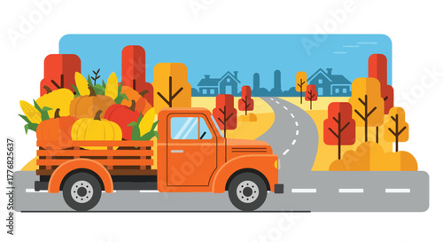 Flat vector of farmer driving truck full of pumpkins and corn on Thanksgiving morning, harvest gratitude theme