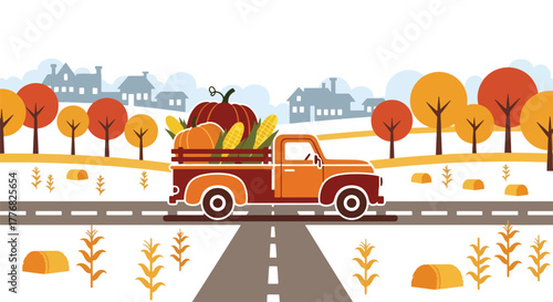 Flat vector of farmer driving truck full of pumpkins and corn on Thanksgiving morning, harvest gratitude theme