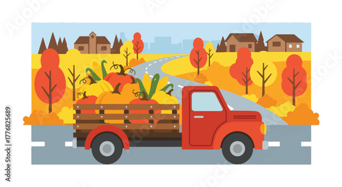 Flat vector of farmer driving truck full of pumpkins and corn on Thanksgiving morning, harvest gratitude theme