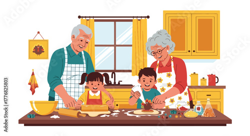 Flat vector of grandparents and kids baking pies and cookies for Thanksgiving, happy family kitchen moment with solid colors