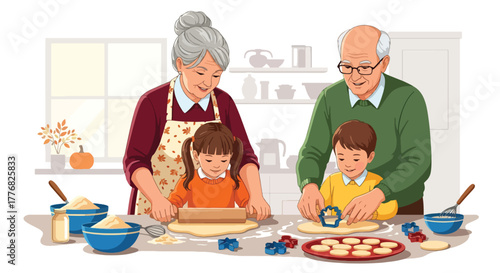 Flat vector of grandparents and kids baking pies and cookies for Thanksgiving, happy family kitchen moment with solid colors