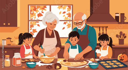 Flat vector of grandparents and kids baking pies and cookies for Thanksgiving, happy family kitchen moment with solid colors