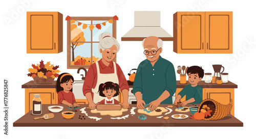 Flat vector of grandparents and kids baking pies and cookies for Thanksgiving, happy family kitchen moment with solid colors