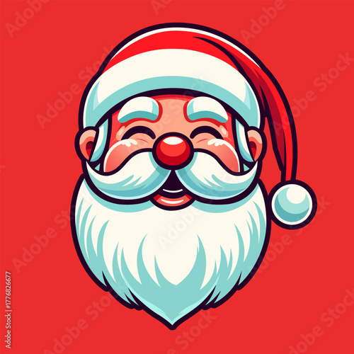 Cute Santa Claus face vector illustration. Smiling Santa head cartoon on red background for Christmas greeting cards, posters, banners,  stickers, and festive design. Santa head Christmas character