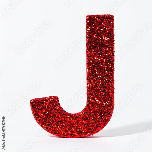 Red glitter letter J standing on white background, sparkling decorative alphabet character