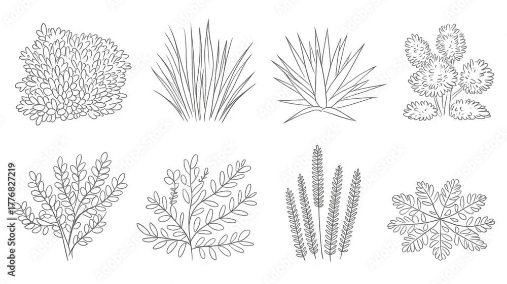 Fototapeta premium set of shrubs line cad, minimal isolated on white background. Ground cover. Illustration for elevation architectural element, side view, grass section. Turf coating banners for edging