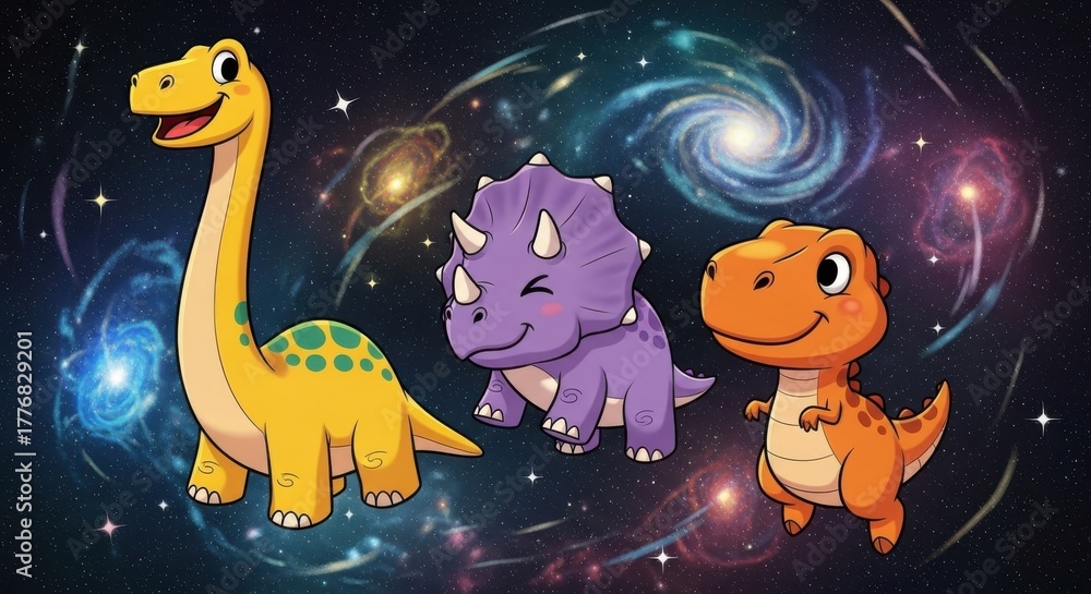 Naklejka premium Smiling dinosaurs in vibrant outer space with stars and nebulae