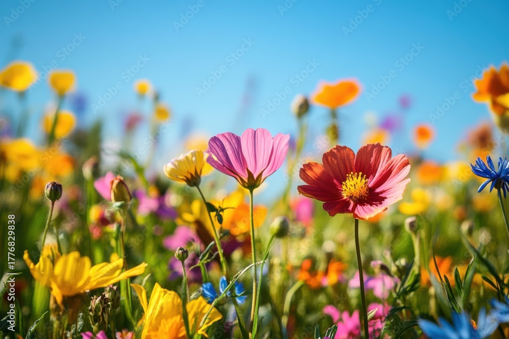 Fototapeta premium Colorful wildflowers bloom brightly under a clear blue sky.