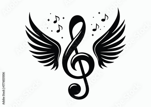 Treble clef flying on wings, black and white vector illustration