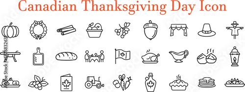 Canadian thanksgiving day icons collection, featuring symbols like pumpkins, wreaths, acorns, turkeys, pies, maple syrup, and scarecrows, isolated on transparent background