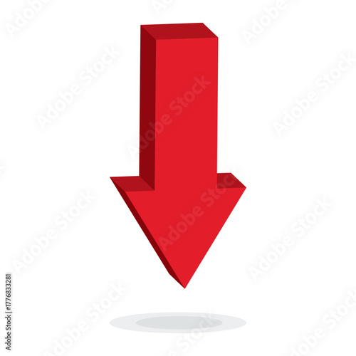 Red 3D arrow pointing down on white background. Bankruptcy or financial market crash icon for your website, logo, app, or UI design. Downward graph chart symbol. Chart going down sign. EPS 10.